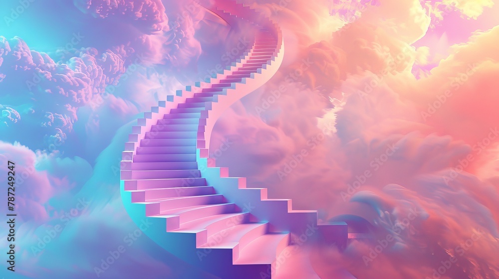 Poster a dreamlike image of a spiral staircase with brightly colored steps, winding upwards into a swirl of