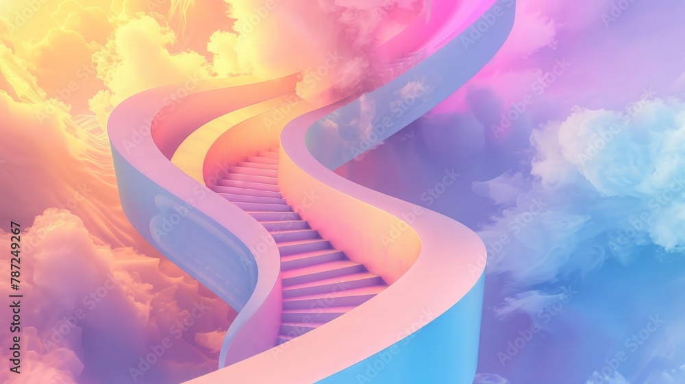 Poster a dreamlike image of a spiral staircase with brightly colored steps, winding upwards into a swirl of