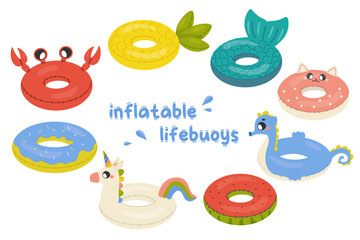 Cartoon swim rings, pool games rubber toys, colorful lifebuoys. Swimming circles, cute pool crab, unicorn, pineapple, mermaid, watermelon, donut, seahorse, cat.