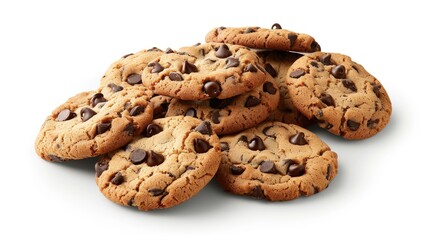 Isolated pile of chocolate chip cookies on white background with clipping path