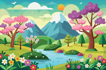 Spring Landscape cartoon vector Illustration flat style artwork concept