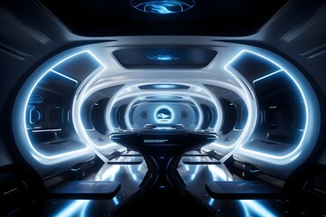 Glowing Futuristic Spaceship Interior Bathed in Ethereal Lights and Cutting-Edge Technology