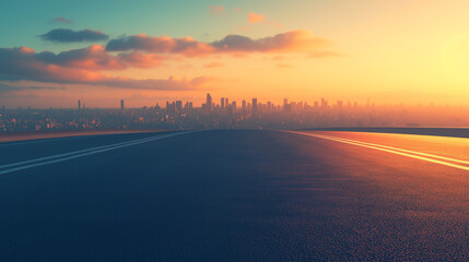 Sunset Cityscape: Urban Highway Stretching into the Horizon