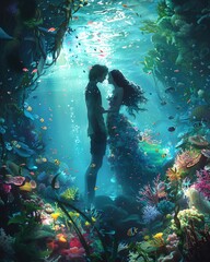 Illustrate a whimsical tale of love blooming amidst colorful coral reefs and sunken treasures, incorporating bold vector art in an underwater setting Embrace the beauty of long shot romance stories in