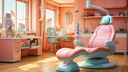 A pink and blue retro dental clinic with a large window - obrazy, fototapety, plakaty