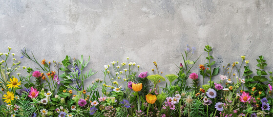 A floral arrangement of wildflowers arranged vertically along a wall or neatly arranged on a surface Natural background. Illustration