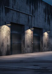 Street view, Wall lamps installed on the side of big concrete storage wall, night time illumination