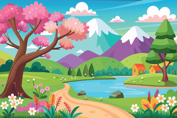 Fototapeta na wymiar Spring Landscape cartoon vector Illustration flat style artwork concept
