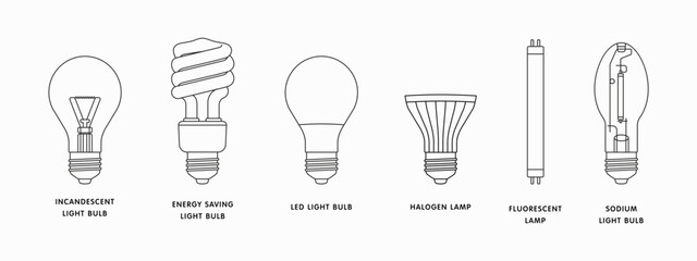 Types of light bulbs and lamps isolated on white background. Vector icon of incandescent light bulb, energy save bulb, LED and halogen light bulbs