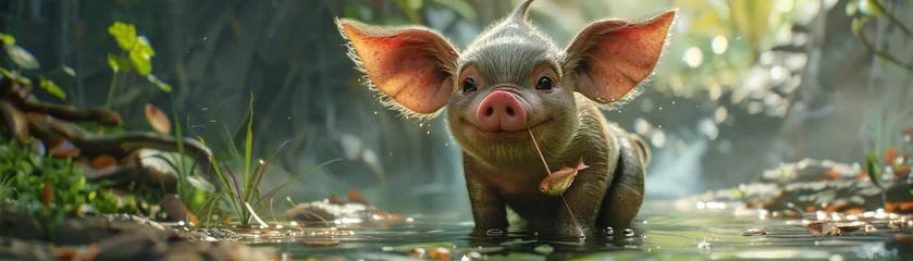 Fotobehang A cute cartoon pig standing in a pond and smiling © Anchalee