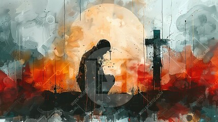 Man kneeling and praying in front of the cross. Digital watercolor painting