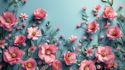 Pastel Pink Blossoms on Blue - Spring Floral Wonderland - Mother's Day Celebration - Paper Flower Artistry - Generative AI