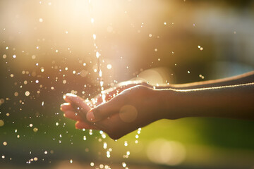 Hands, water and lens flare in nature with clean or bokeh, wellness with splash and natural....