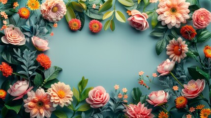 Floral Frame on Aquamarine Background - Paper Flower Border for Mother’s Day - Vibrant Springtime Blossoms - Crafted with Love - Generative AI