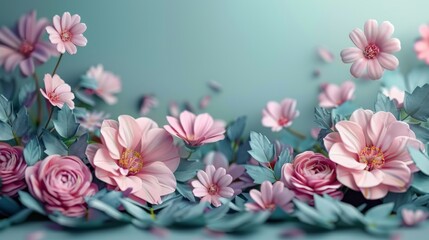 Soft Pink Paper Flowers on Teal Background - Gentle Floral Elegance - Mother's Day Serenity - Artistic Blossoms - Generative AI