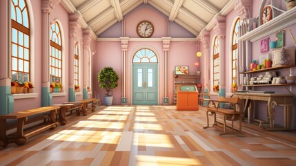 An illustration of a classroom with pink walls and a blue door