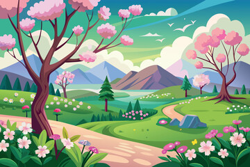 Spring Landscape cartoon vector Illustration flat style artwork concept