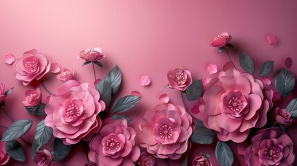 Pink Paper Flowers on Rose Background - Romantic Floral Composition - Celebratory Mother's Day Theme - Elegant Craftsmanship - Generative AI