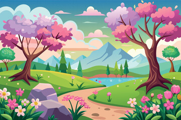 Spring Landscape cartoon vector Illustration flat style artwork concept