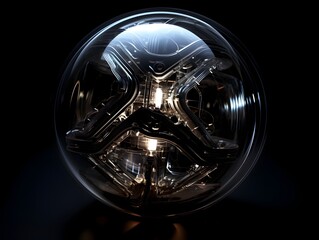 Luminous Futuristic Translucent Glass Sphere Illuminating a Mystical Dark Blackhole with Intricate Circuit Patterns