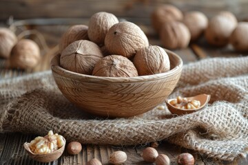 Ground nutmeg spice in the wooden plate closeup