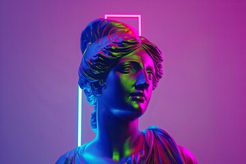 Sculpture abstract greek deity woman in retrowave city pop design. Neon colors aesthetics. Vaporwave era style. Center composition