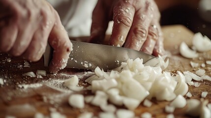 Closeup of hands chopping onions on wooden cutting board with a knife
