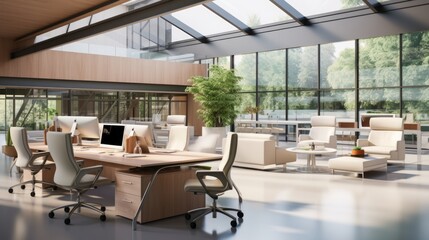 The office interior is simple and stylish, with large windows and a lot of natural light. - obrazy, fototapety, plakaty