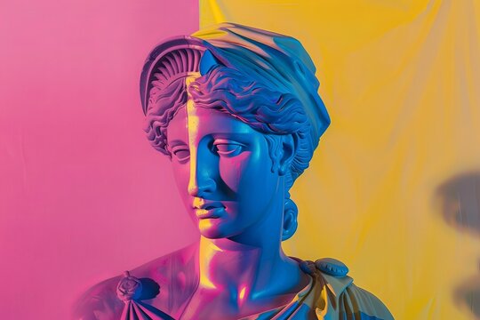 Sculpture abstract greek deity Venus de Milo in retrowave city pop design. Vaporwave era style colors. Center composition