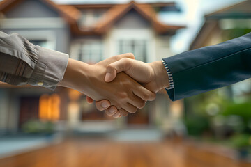 Real estate agent shakes hands with a client to sign a home purchase contract congratulating the client on the purchase