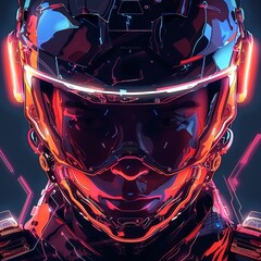 Illustrate a close-up of a digital soccer player wearing a hi-tech helmet with glowing visor giving an intense look in vector art
