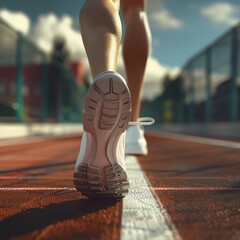 Fototapeta premium Illustrate the essence of online running from a unique low-angle perspective, blending photorealistic details with a touch of surrealism using CG 3D rendering techniques