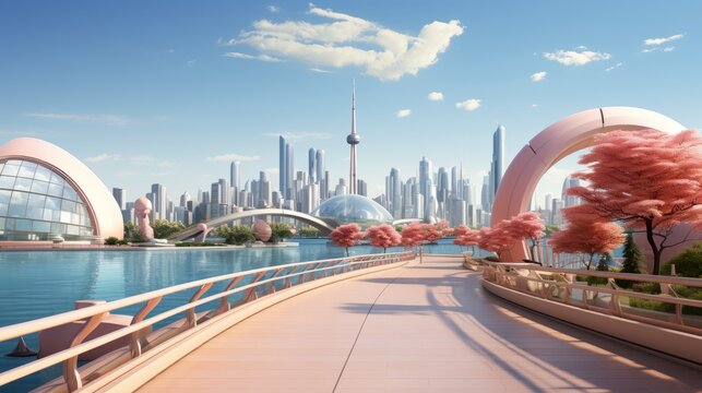futuristic city with a pink bridge and cherry blossom trees