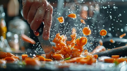 Hands of a person chopping carrots on a cutting board, with carrot slices suspended in mid-air and a knife in motion blur