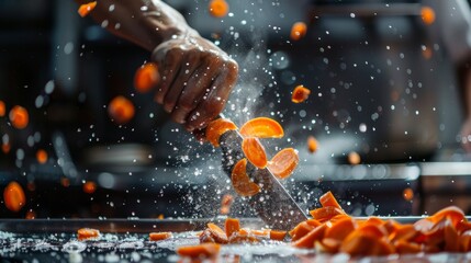 A person is chopping carrots on a wooden cutting board, with motion blur capturing the swift movement of the hands and knife slicing through the vegetables - Powered by Adobe