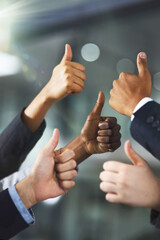 Teamwork, thumbs up or hands of business people in agreement, support or collaboration together in office. Community, legal rights or group of lawyers in firm with yes sign, okay or like hand gesture