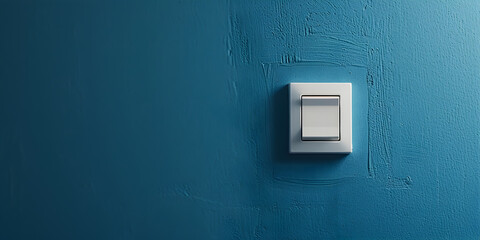  Electrical switches white button on a blue metal mesh wall Background on a topic of electricity, safety, energy saving ,White light switch on blue wooden background,  
