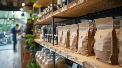 A store filled with a diverse selection of coffee beans in different packaging, featuring an...