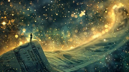 Picture this: A tiny figure on a scroll banknote, amidst dazzling stars. Light-hearted fantasy in every detail, Surealistic, fantasy - obrazy, fototapety, plakaty