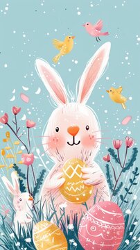 Easter bunny with eggs and flowers