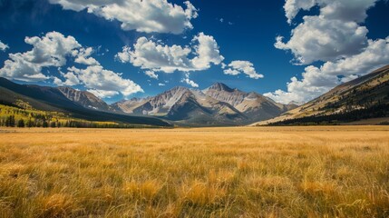 A low-angle view of a vast grassy field with towering mountains in the background
