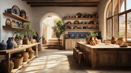 Fototapeta na wymiar A beautiful Mediterranean style kitchen with a large wooden table and lots of pottery