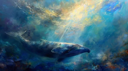 Fotobehang serene aqua sanctuary jonahs spiritual respite inside the majestic whale dreamlike biblical scene oil painting © Bijac