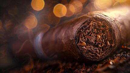 Detailed view of a cigar resting on a table, highlighting its texture and color