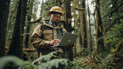 A forest ranger standing amidst tall trees, working on a laptop computer