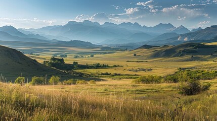 A panoramic view of a grassy field with towering mountains in the background, showcasing the natural beauty of the conservation easement - obrazy, fototapety, plakaty