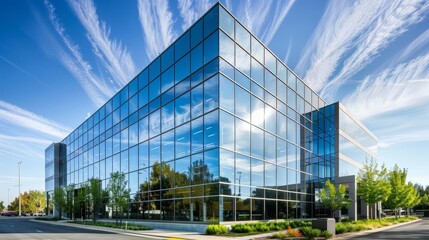 sleek modern office building exterior with reflective glass facade urban architecture photography