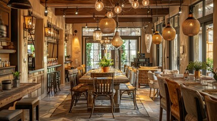 A wide-angle view of a cozy dining room filled with rustic tables and chairs arranged centrally for gatherings - obrazy, fototapety, plakaty