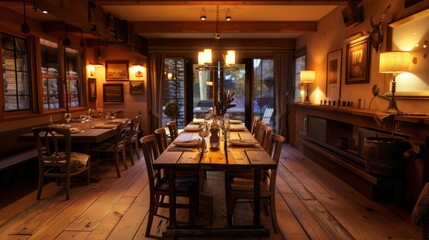 Fototapeta na wymiar A wide-angle shot of a cozy dining room with a rustic table and chairs positioned centrally