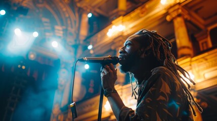 A man with dreadlocks standing confidently in front of a microphone, ready to perform